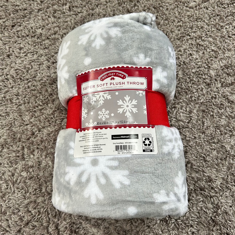 Holiday Time Super Soft Plush Throw Grey White Snowflake Blanket 50x60‎ NEW